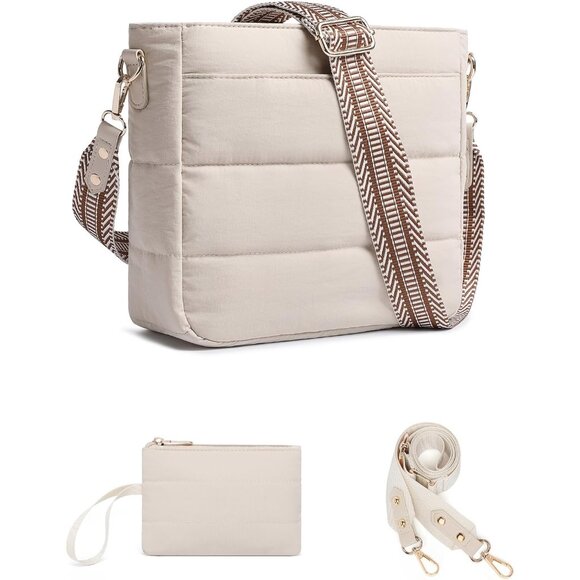 Chic Beige 2PCS Puffer Quilted Crossbody Bags with Coin Wallet for Women